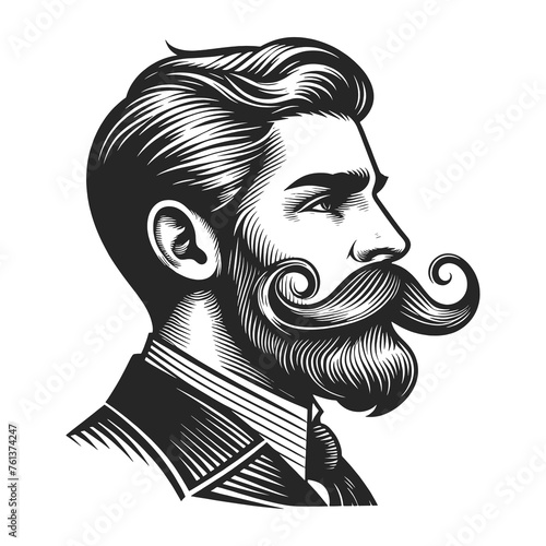 Old fashioned gentleman with mustache beard and hat sketch engraving generative ai fictional character raster illustration. Scratch board imitation. Black and white image.