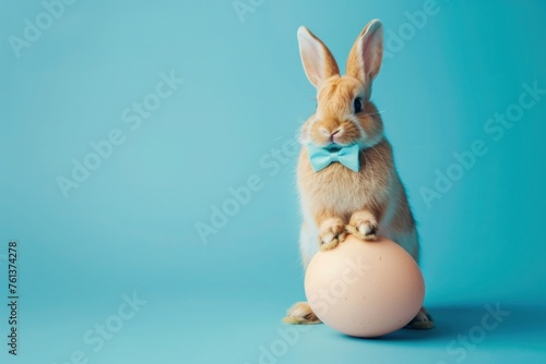 Easter Bunny wearing a bow tie and holding an egg ready to be decorated. Funny Easter holiday and celebration concept. Copy-space for text