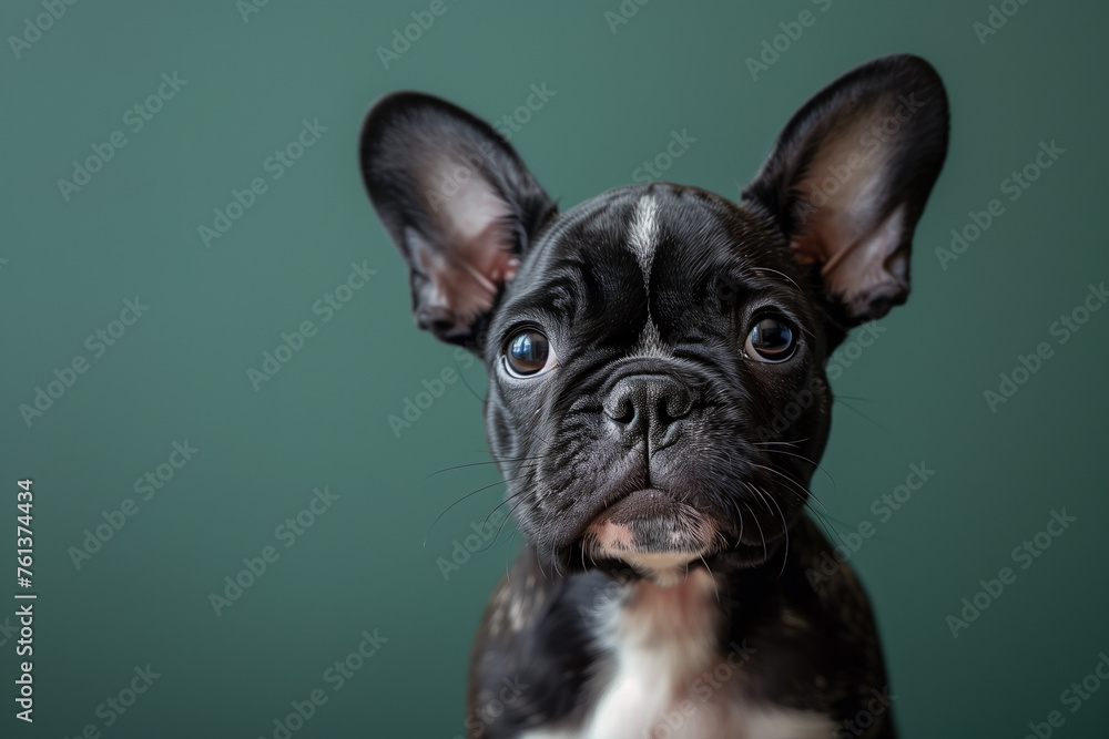 Close-up banner with puppy dog, isolated on green background with copy space