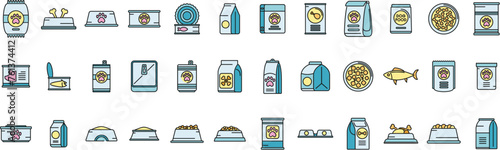 Dog food icons set outline vector. Animal pet. Package bag thin line color flat isolated