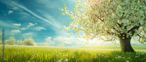Beautiful spring nature landscape with blooming trees. Scenery meadow, green hills, glade with flowers on sunny day. Springtime. Generative ai 