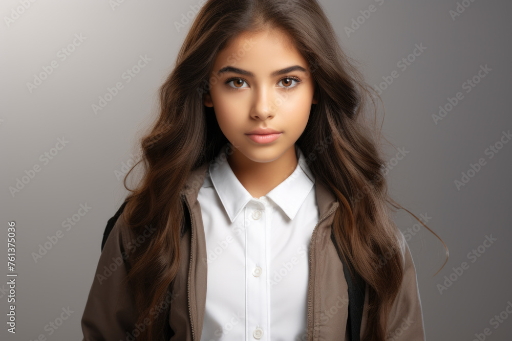 Young woman with long brown hair and white shirt Young woman with long brown hair and white shirt