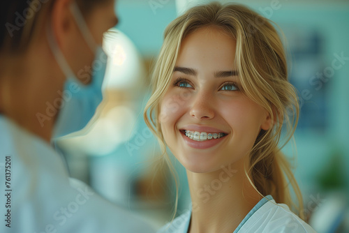 Elegant young adult woman sitting in dental chair, dental braces concept