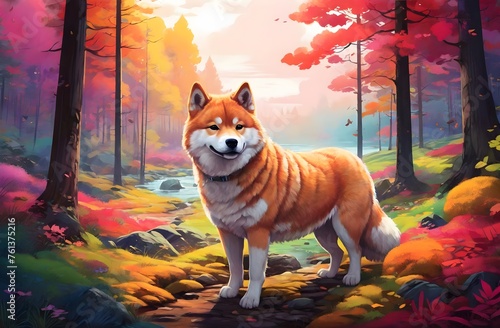 An Akita dog in the colorful forest