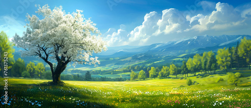 Beautiful spring nature landscape with blooming trees. Meadow  green hills  glade with flowers on sunny day. Mountains view. Springtime. Generative ai