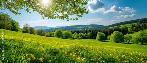 Beautiful spring nature landscape with blooming trees. Meadow, green hills, glade with flowers on sunny day. Mountains view. Springtime. Generative ai