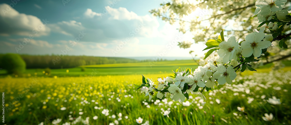 Fototapeta premium Beautiful spring nature landscape with blooming trees. Scenery meadow, green hills, glade with flowers on sunny day. Springtime. Generative ai
