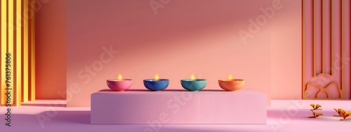 Colorful Oil Lamps (Diya) in Rows on Podium for Diwali Celebration. photo