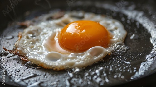 A fried egg is sitting on a pan with a lot of oil