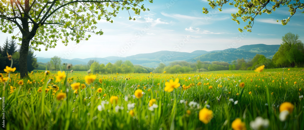 Obraz premium Beautiful spring nature landscape with blooming trees. Meadow, green hills, glade with flowers on sunny day. Mountains view. Springtime. Generative ai