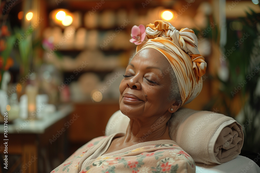 Elderly black woman at spa - obrazy, fototapety, plakaty 
