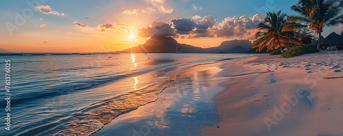 Tourism background with Fantastic Sunrise Beach in Mauritius. Dream Honeymoon Destination. © Павел Озарчук