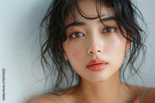close up of an Asian woman with clear skin  black hair and light makeup
