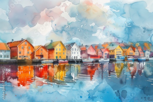 A watercolor image of the colorful and historic boathouses that line the Nidelva River in Trondheim. Norway