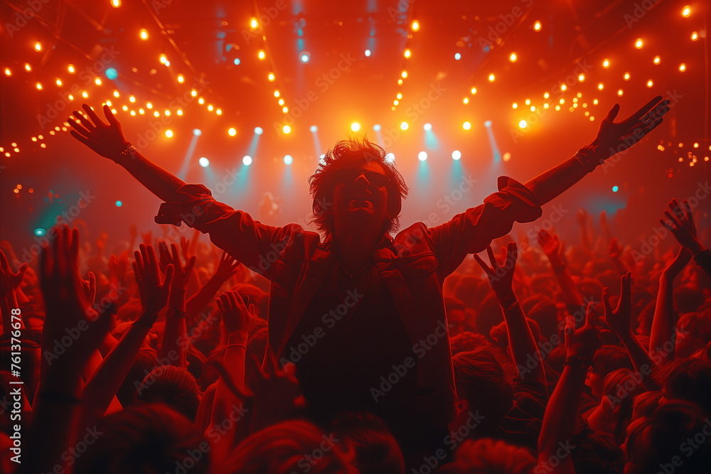 A man is in the middle of a crowd of people, raises his hands up and smiles at a concert in a nightclub