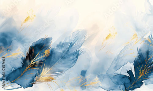 A oil watercolor illustration of elegant feathers in shades of blue and gold, with a dreamy atmosphere and soft lighting, wall decoration © Goodhim