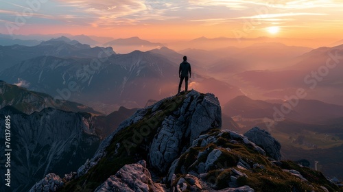 Man at Sunrise on Mountain Peak