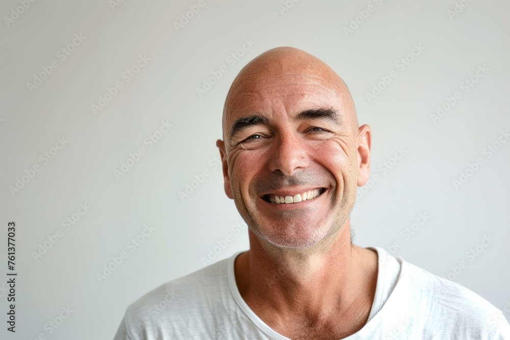 bald happy man, no hair problems on white background - obrazy, fototapety, plakaty 