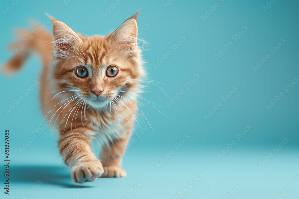 Banner ginger orange cat walking on a light blue background 