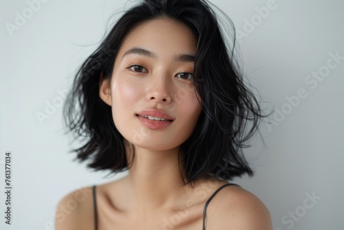 portrait of Asian woman with clear skin, black hair and light makeup photo
