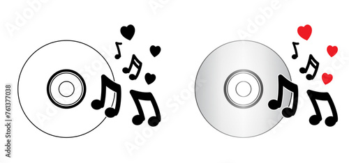 Cartoon love, heart cd. Compact disc CD or DVD and cover. Empty file and jewel case sign. For data, backup or software. CD case or box line pattern. CD player listen to music. dvd rw recording.