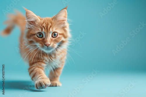 Banner ginger orange cat walking on a light blue background  © Anna