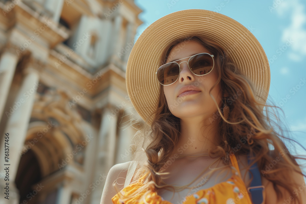 A woman wearing a straw hat and sunglasses stands in front of a historic building. She has a smile on her face and is enjoying the sunny day. A woman wearing a straw hat and sunglasses stands in front of a historic building. She has a smile on her face and is enjoying the sunny day.