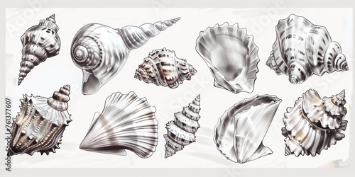 Collection of realistic sketches various mollusk sea shells different forms.