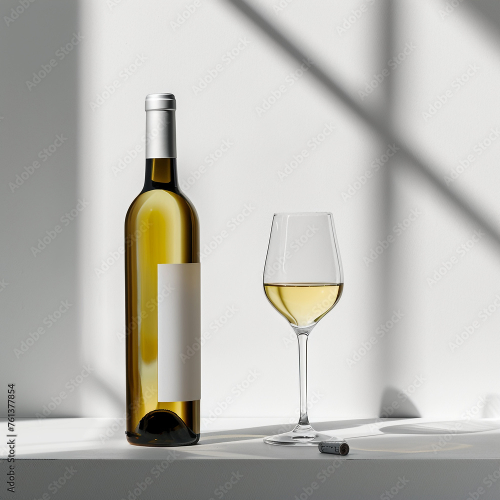 wine bottle with white wine glass standing in style of advertising photoshoot, isolated on white clean background сreated with Generative Ai