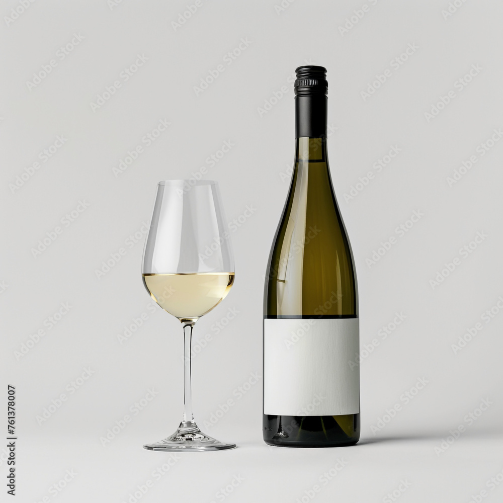 Fototapeta premium wine bottle with white wine glass standing in style of advertising photoshoot, isolated on white clean background сreated with Generative Ai