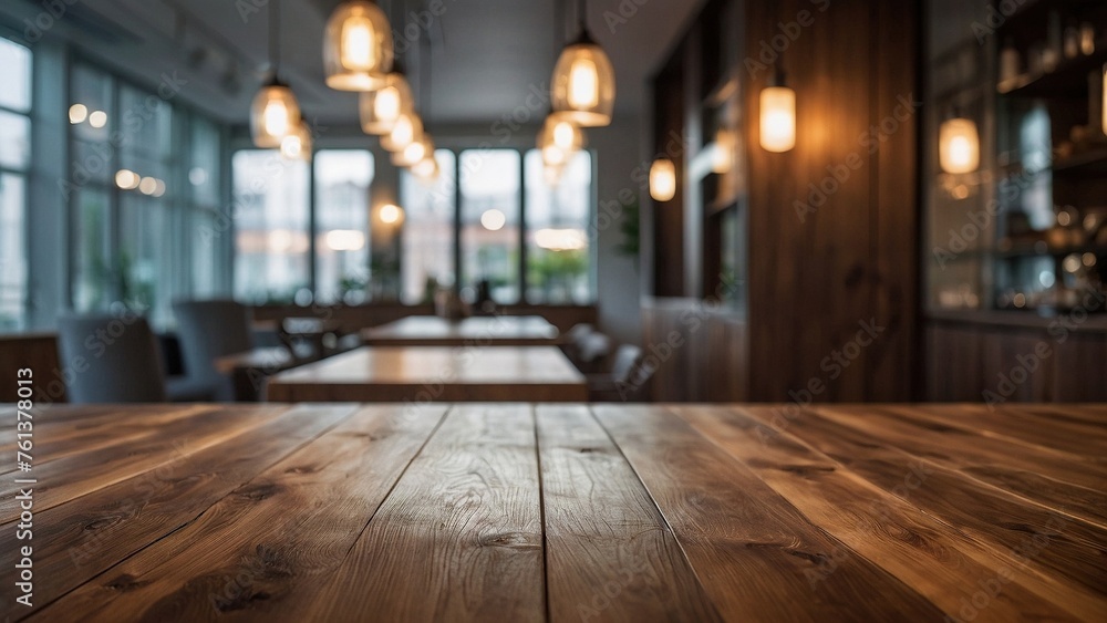 Cozy Café Blurred Shop with Wood Table Bokeh Background, Perfect for Print Media and Website Banners