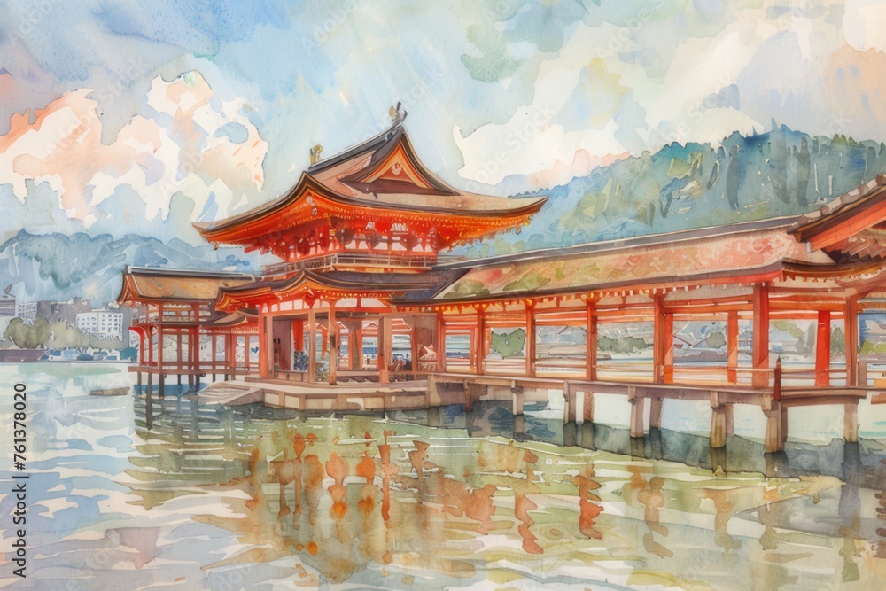 Naklejka premium Watercolor of Itsukushima Shrine Serene environment, bright hues