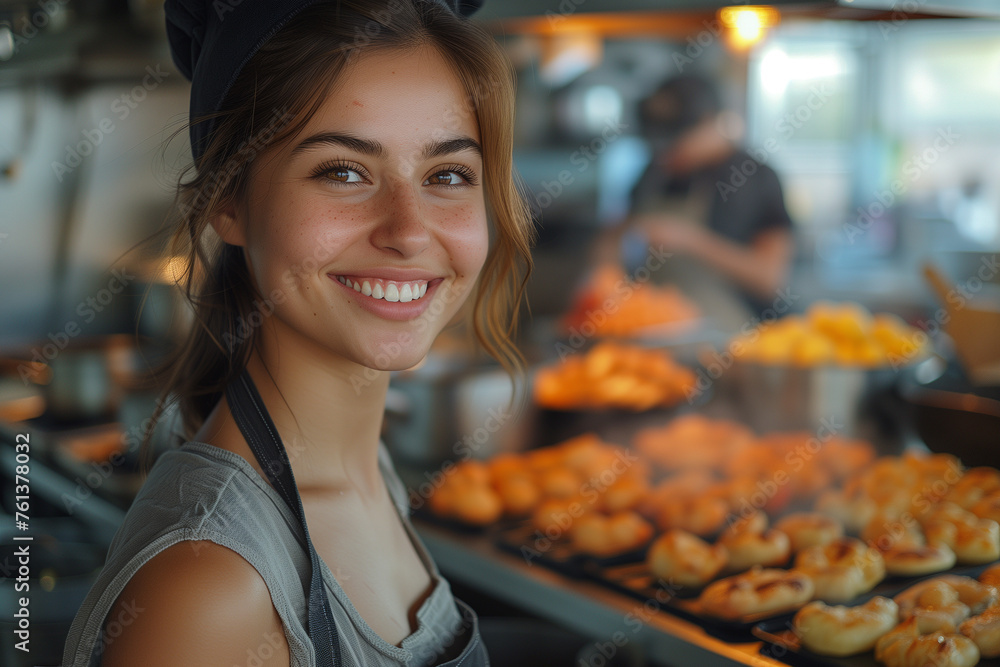 Close up shot of young woman shief cook in the kitchen, Close up shot of young woman shief cook in the kitchen,