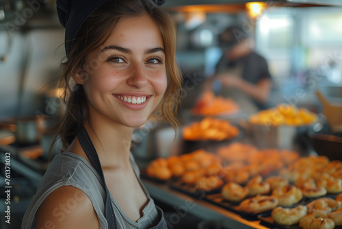 Close up shot of young woman shief cook in the kitchen, photo