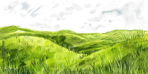 Green grass field on small hills. Meadow, alkali, lye, grassland, sketch illustration.