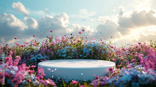 white podium or platform on background of beautiful wildflowers and clouds, for cosmetic product presentation concept photo