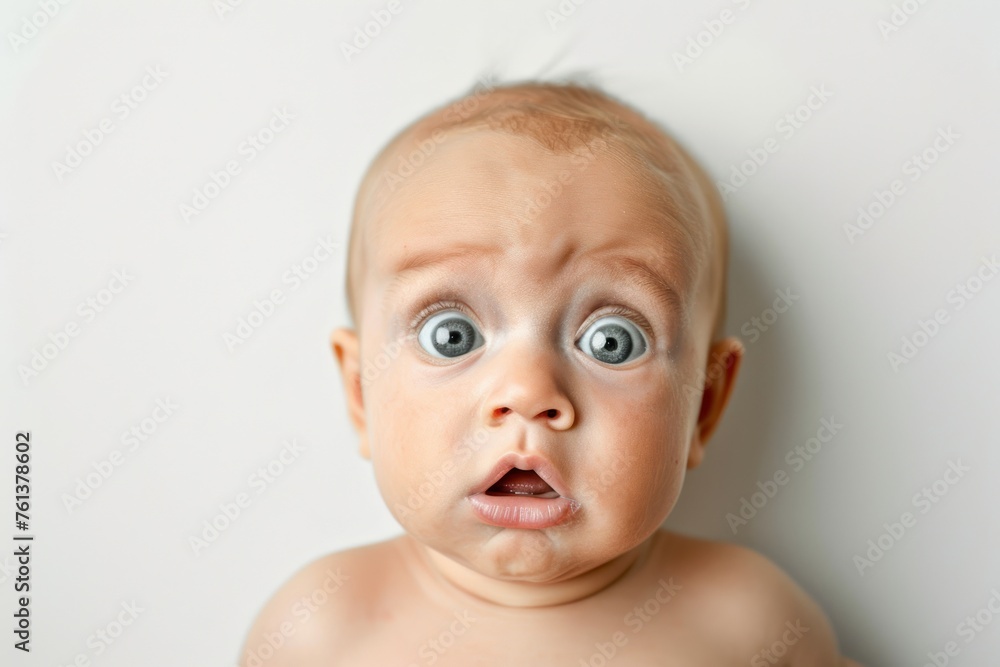 Portrait of surprised dirty newborn baby with bulging big eyes on solid white background Portrait of surprised dirty newborn baby with bulging big eyes on solid white background