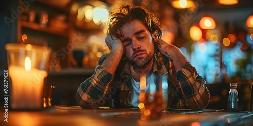 A man wincing in pain at a table postparty hangover blues. Concept Party Hangover, Man in Pain, Post-Party Blues, Hangover Cure, Morning After
