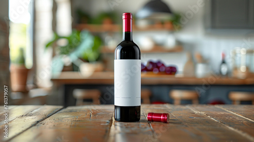 elegant red wine bottle, standing upright on a rustic wooden table. The bottle, with a deep red hue and a sophisticated label, is sealed with a tradition сreated with Generative Ai