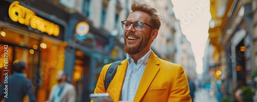 A cheerful businessman reads good news on a smartphone