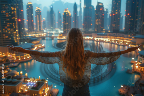 A woman with long hair is standing in front of a city skyline. She is looking up and she is in a state of awe or wonder. The cityscape is lit up with lights, creating a vibrant