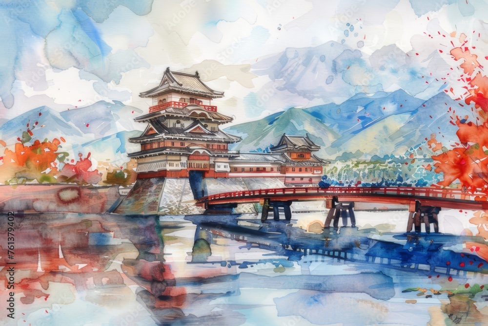 Obraz premium Watercolor image of Matsumoto Castle