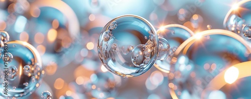 Abstract metallic spheres in fluid motion on Dreamy background.