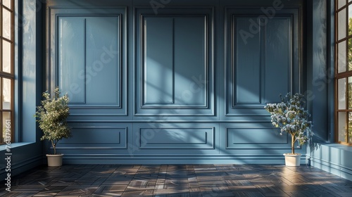 Empty Room With Blue Wall and Wooden Floor