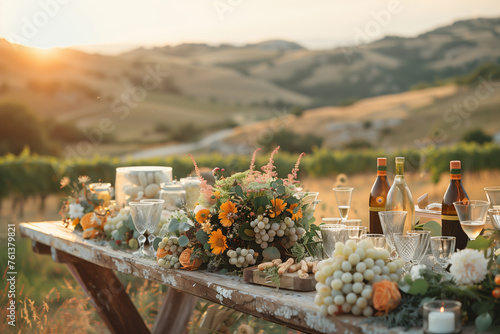A wooden table adorned with numerous bottles of wine with view of the mountains