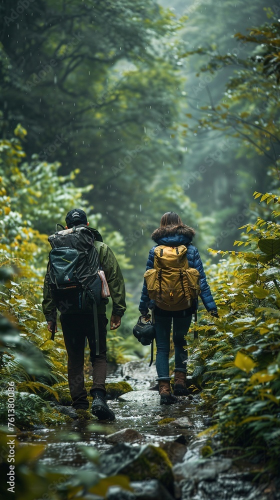 Asian couple of travelers in warm clothes with backpacks walking up on narrow path among green trees and bushes during hike