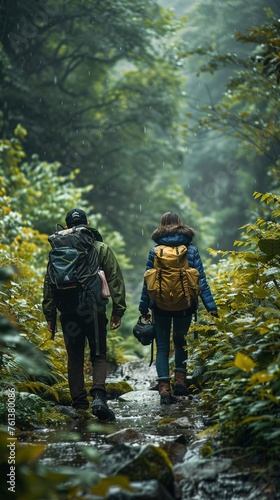 Wallpaper Mural Asian couple of travelers in warm clothes with backpacks walking up on narrow path among green trees and bushes during hike Torontodigital.ca