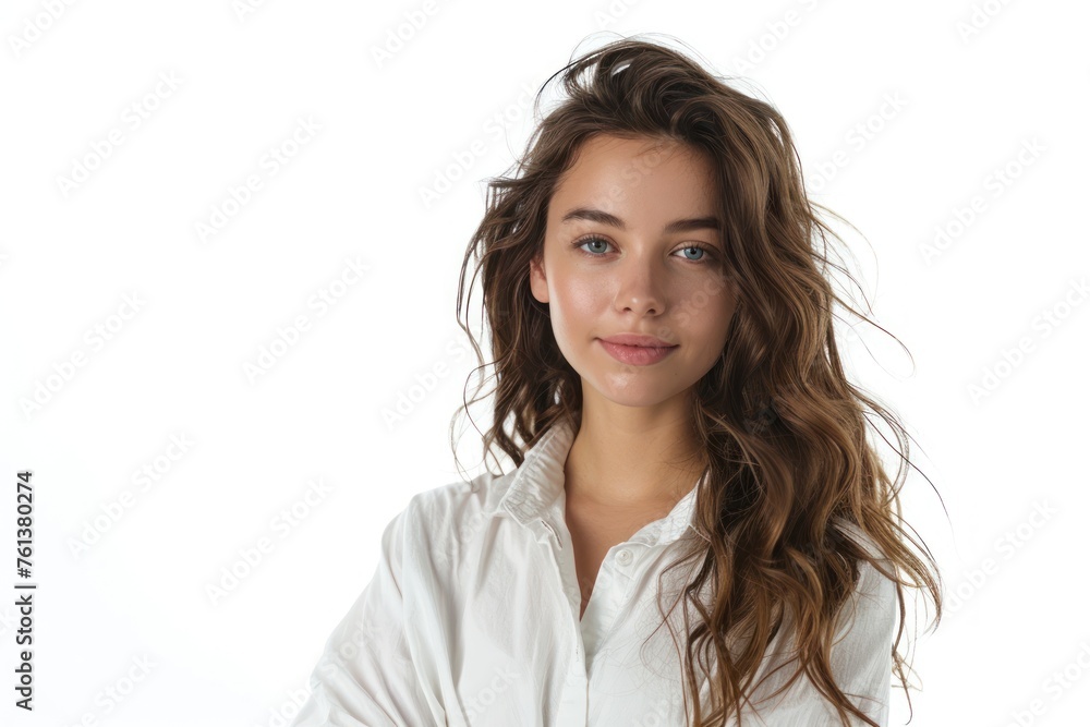 a young beautiful fashion stylist designer woman with white shirt standing isolated on white studio background a young beautiful fashion stylist designer woman with white shirt standing isolated on white studio background