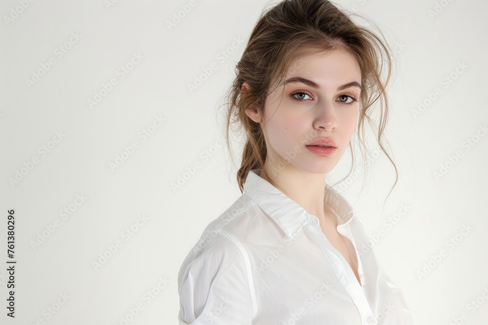 a young beautiful fashion stylist designer woman with white shirt standing isolated on white studio background a young beautiful fashion stylist designer woman with white shirt standing isolated on white studio background
