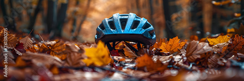 A solitary cycling helmet lies amidst fallen aut,
bicycle helmet on a table 3d wallpaper photo